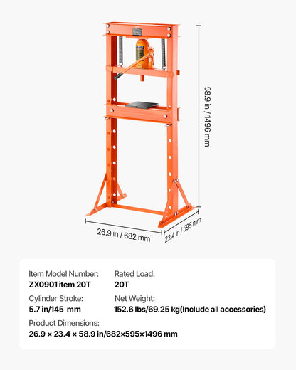 Hydraulisk verkstadspress, 20 T H-rams verkstadspress med pressplatta och triangulärt stöd, stabil, justerbar hydraulpress i garagegolv med övertrycksventil, lämplig för bockning, riktning och stansning