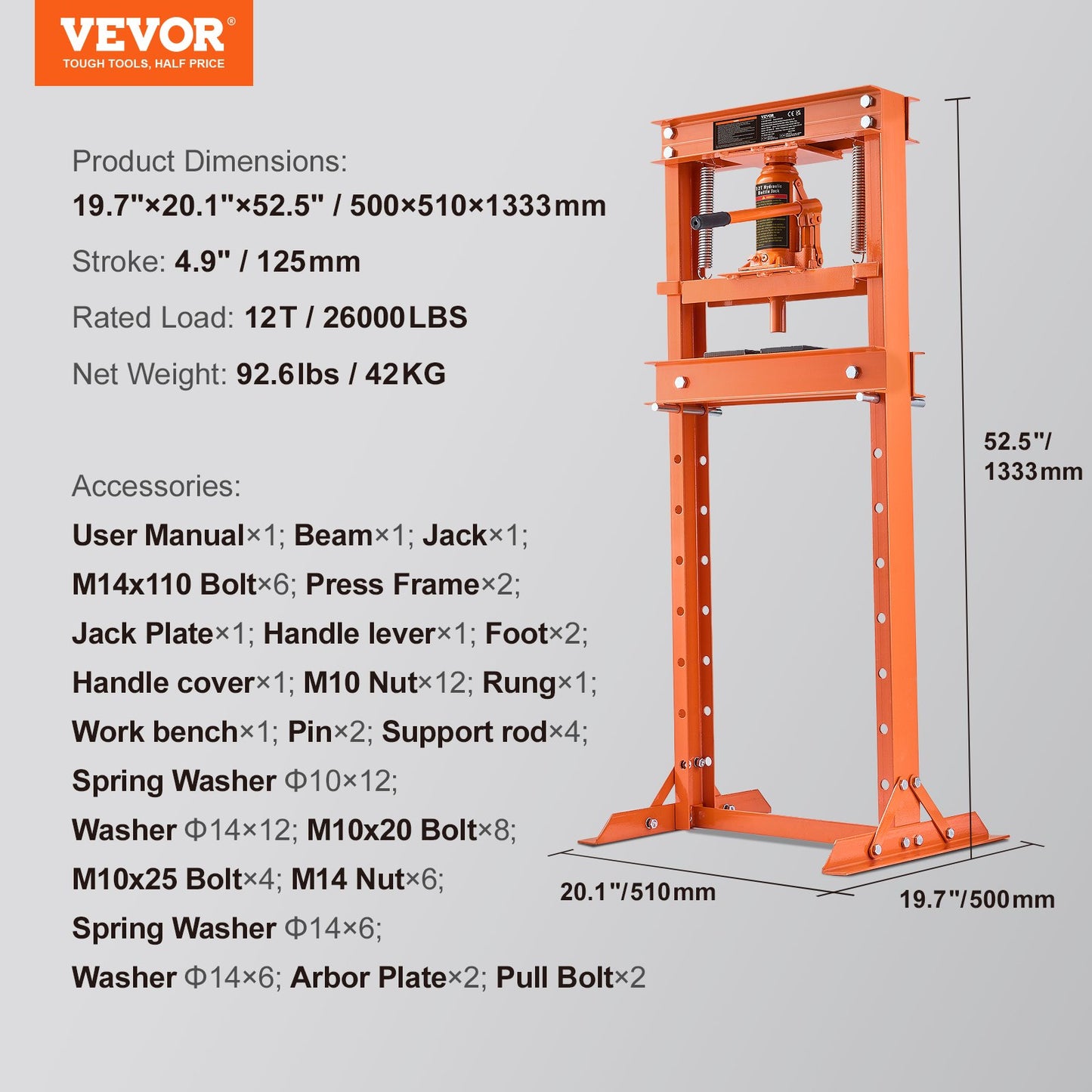 Hydraulic, 12 Ton H-Frame Floor, Stamping Plates, Adjustable Working Table Height for Bending or Straightening Metal, Garages, or Homes Shop Press, Orange