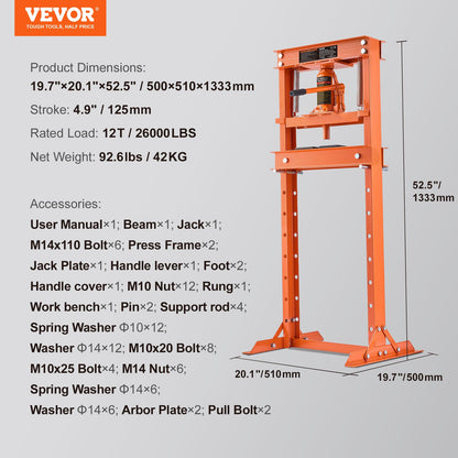 Hydraulic, 12 Ton H-Frame Floor, Stamping Plates, Adjustable Working Table Height for Bending or Straightening Metal, Garages, or Homes Shop Press, Orange