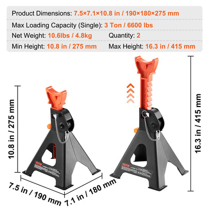 Domkrafter, 3 ton (2 721,6 kg) kapacitet Domkrafter för bilar med dubbel låsning, 27,4 - 41,4 cm justerbar höjd, för lyft av SUV, pickup, bil och UTV/ATV, röd, 1 par