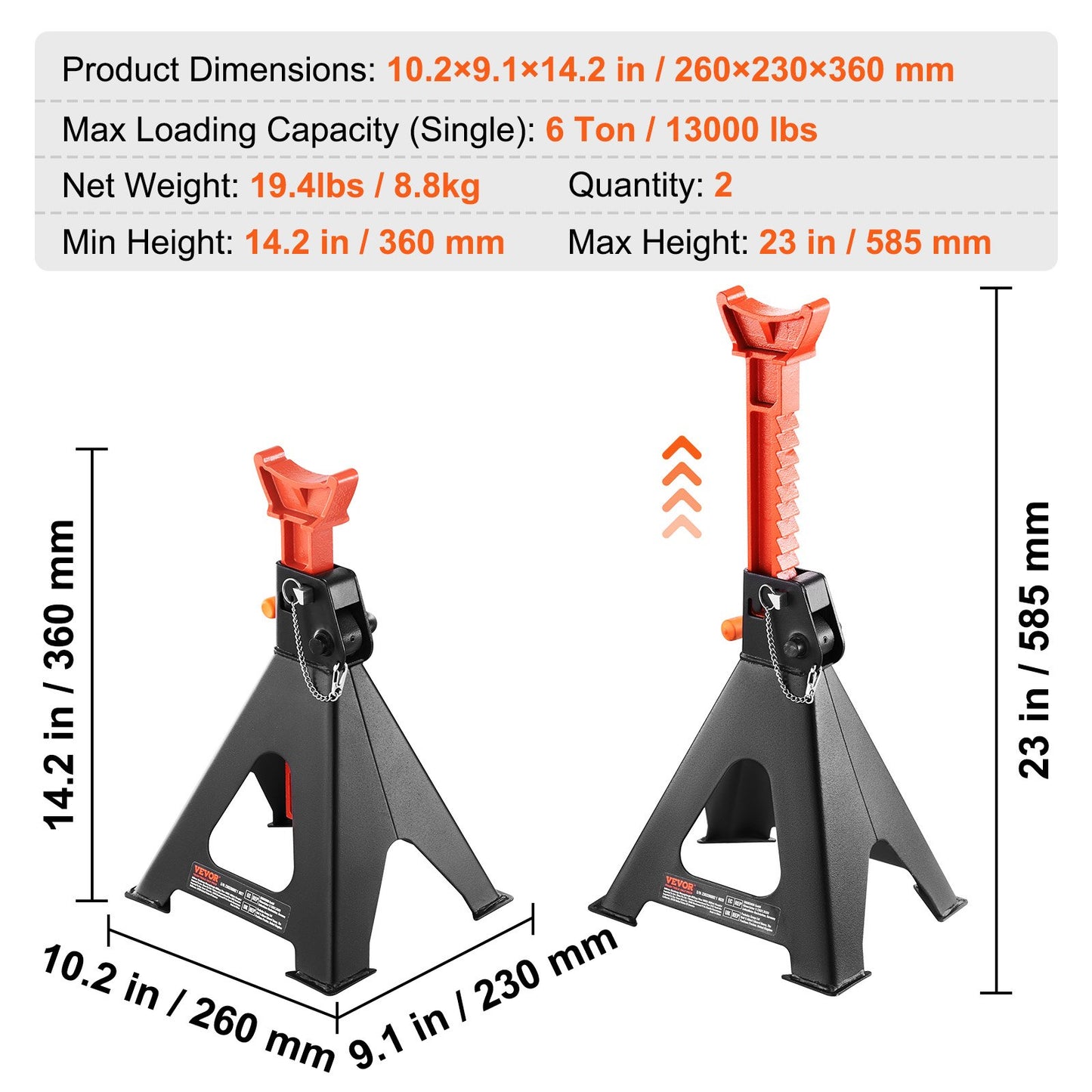 Jack Stands, 6 Ton (5,897.5 kg) Capacity Car Jack Stands Double Locking, 36.1 - 58.4 cm Adjustable Height, for lifting SUV, Pickup Truck, Car and UTV/ATV, Red, 1 Pair