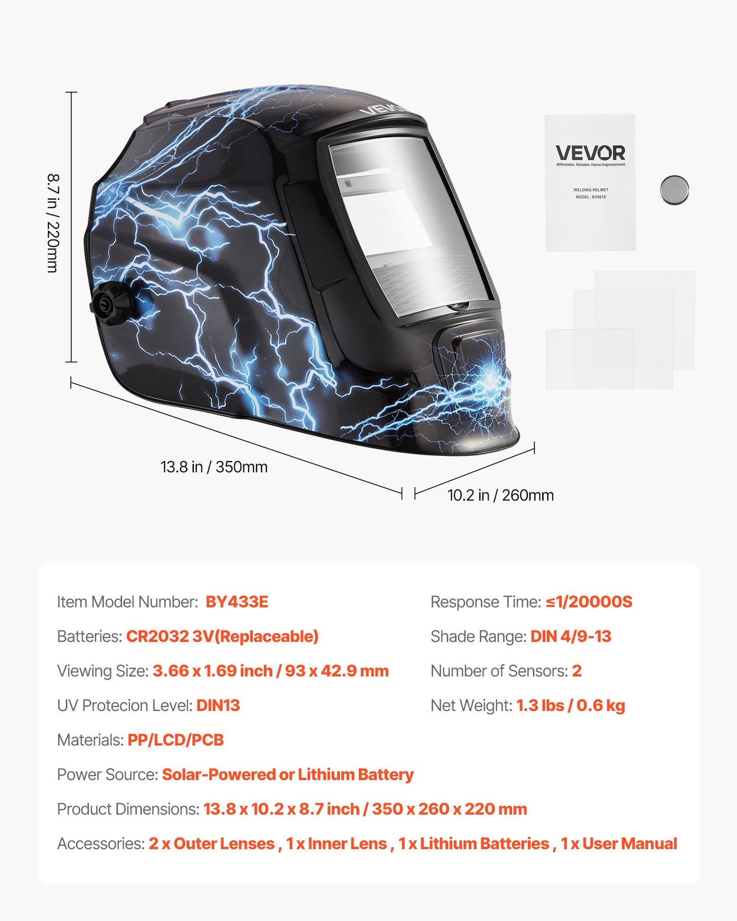 Svetshjälm med automatisk nedbländning, 93 x 43 mm svetshuva i äkta färg, soldriven svetsmask med 2 ljusbågssensorer, skugga 4/9-13 för TIG MIG ARC-svetsning och slipning - CRIUS-serien (blått blixtmönster)