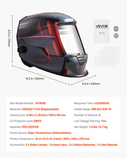 Welding Helmet Auto Darkening True Color, 100 x 80 mm Welding Hood Solar-Powered, Welder Mask with 4 Arc Sensors, Wide Shade 4/5-9/9-13 for TIG MIG ARC Weld Cut Grinding - METIS Series