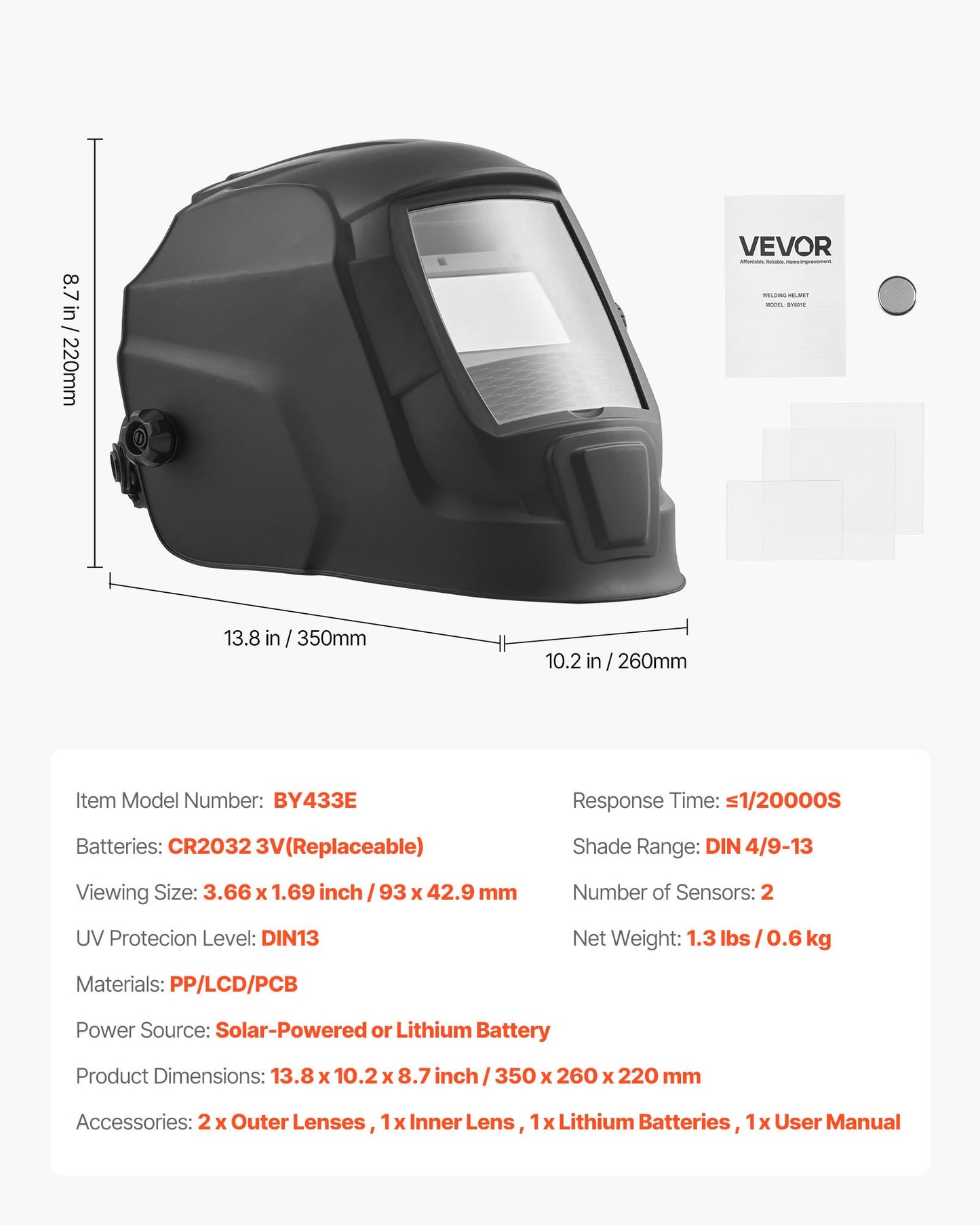 Svetshjälm med automatisk nedbländning, 93 x 43 mm svetshuva i äkta färg, soldriven svetsmask med 2 ljusbågssensorer, täckning 4/9-13 för TIG MIG ARC-svetsning och slipning - CRIUS-serien (mattsvart)