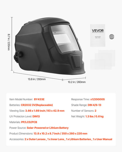 Svetshjälm med automatisk nedbländning, 93 x 43 mm svetshuva i äkta färg, soldriven svetsmask med 2 ljusbågssensorer, täckning 4/9-13 för TIG MIG ARC-svetsning och slipning - CRIUS-serien (mattsvart)