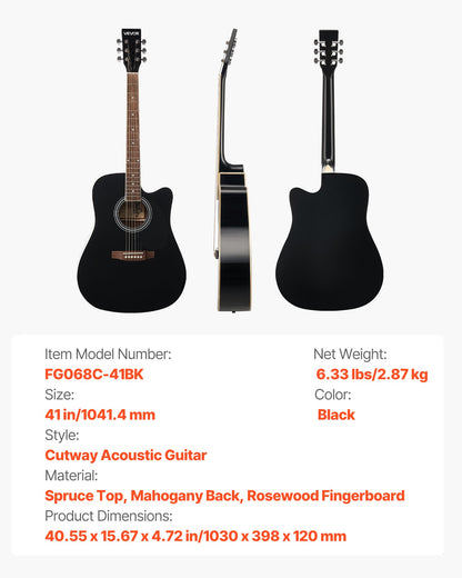 1041 mm (41 tum) Cutway akustisk gitarr nybörjarpaket med gigbag för vuxna, svart