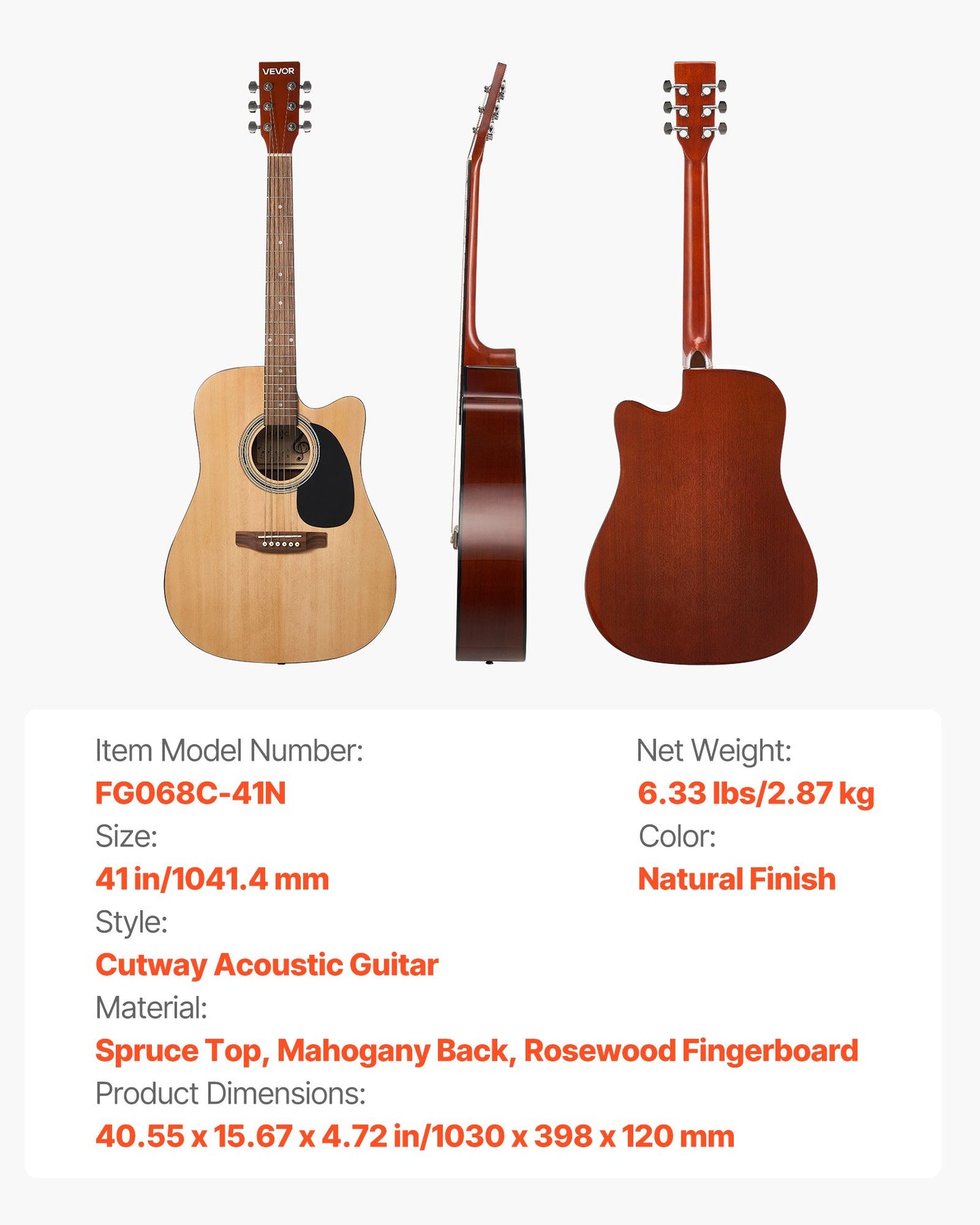 1041,4 mm (41 tum) Cutway akustisk gitarr naturfärgad gigbag för nybörjare, vuxen