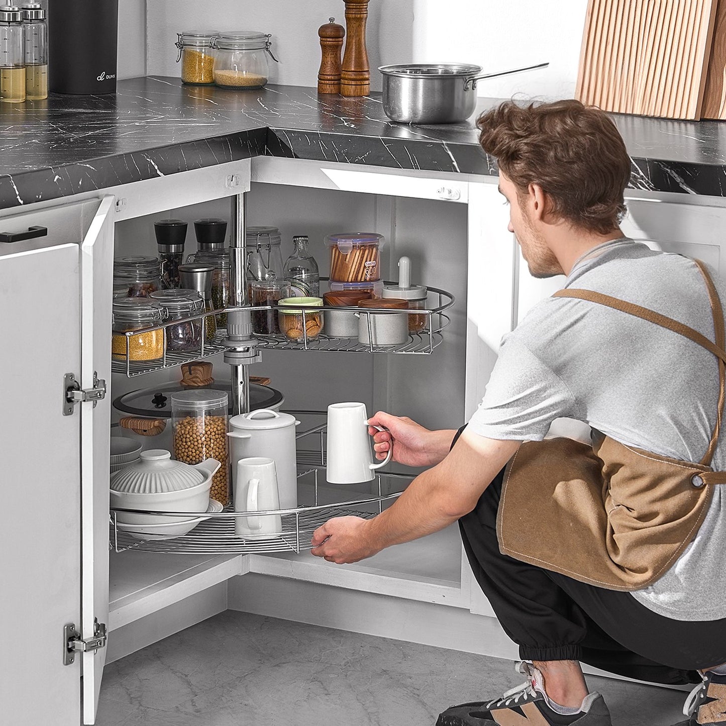 31,5" njurformad kromhörnorganisatör, 360° roterbart köksbänkskåp med blindhörn, 2 nivåer höjdjusterbart förvaringsställ, Lazy Susan-hylla i kolstål för skåphörn