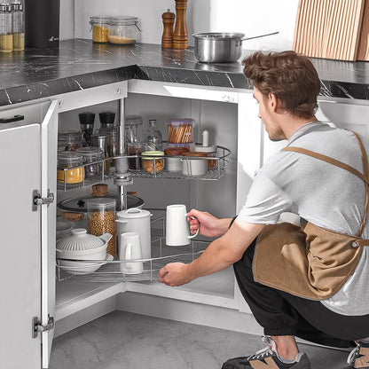 31,5" njurformad kromhörnorganisatör, 360° roterbart köksbänkskåp med blindhörn, 2 nivåer höjdjusterbart förvaringsställ, Lazy Susan-hylla i kolstål för skåphörn