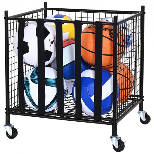 Rolling Sports Ball Storage Cart, Lockable Basketball Cage with Elastic Straps, Sport Equipment Holder Organizer for Indoor Outdoor, Steel Storage Rack for Garages, Playgroup, Gym and Schools