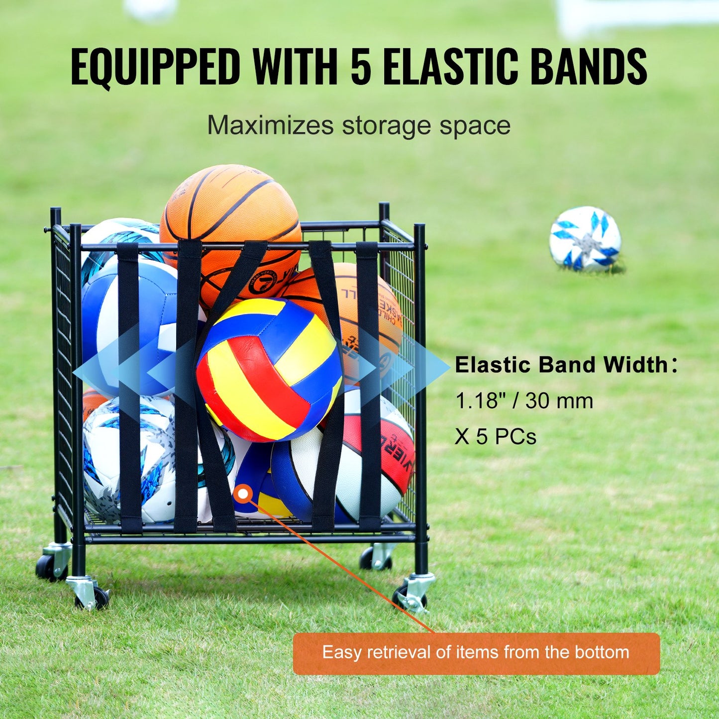 Rolling Sports Ball Storage Cart, Lockable Basketball Cage with Elastic Straps, Sport Equipment Holder Organizer for Indoor Outdoor, Steel Storage Rack for Garages, Playgroup, Gym and Schools