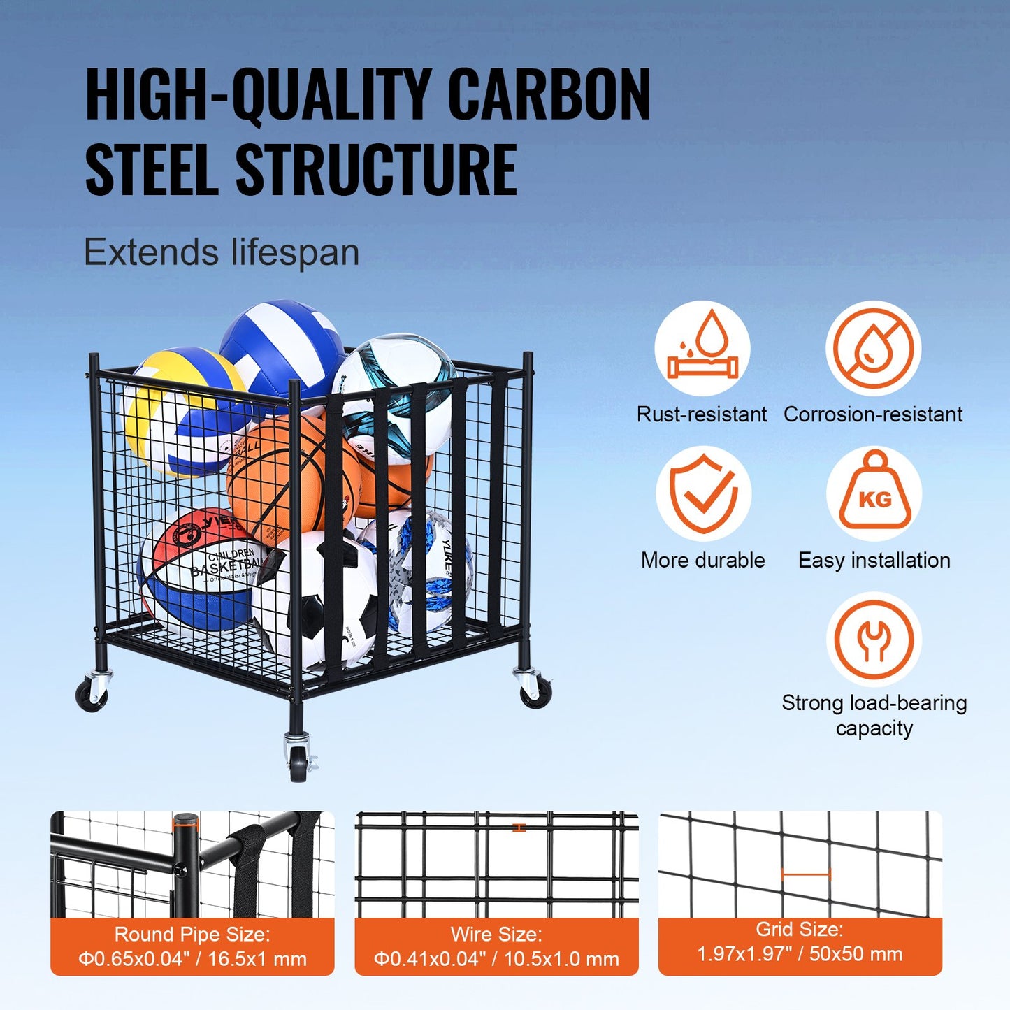 Rolling Sports Ball Storage Cart, Lockable Basketball Cage with Elastic Straps, Sport Equipment Holder Organizer for Indoor Outdoor, Steel Storage Rack for Garages, Playgroup, Gym and Schools