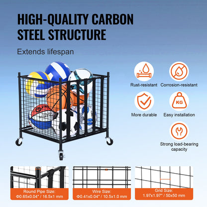 Rolling Sports Ball Storage Cart, Lockable Basketball Cage with Elastic Straps, Sport Equipment Holder Organizer for Indoor Outdoor, Steel Storage Rack for Garages, Playgroup, Gym and Schools