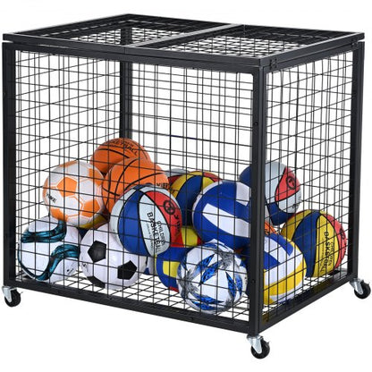 Rolling Sports Ball Storage Cart, Basketball Cage with Double Lids, Sport Equipment Holder Organizer for Indoor Outdoor, Steel Storage Rack for Garages, Playgroup, Gym and Schools