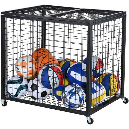 Rolling Sports Ball Storage Cart, Basketball Cage with Double Lids, Sport Equipment Holder Organizer for Indoor Outdoor, Steel Storage Rack for Garages, Playgroup, Gym and Schools