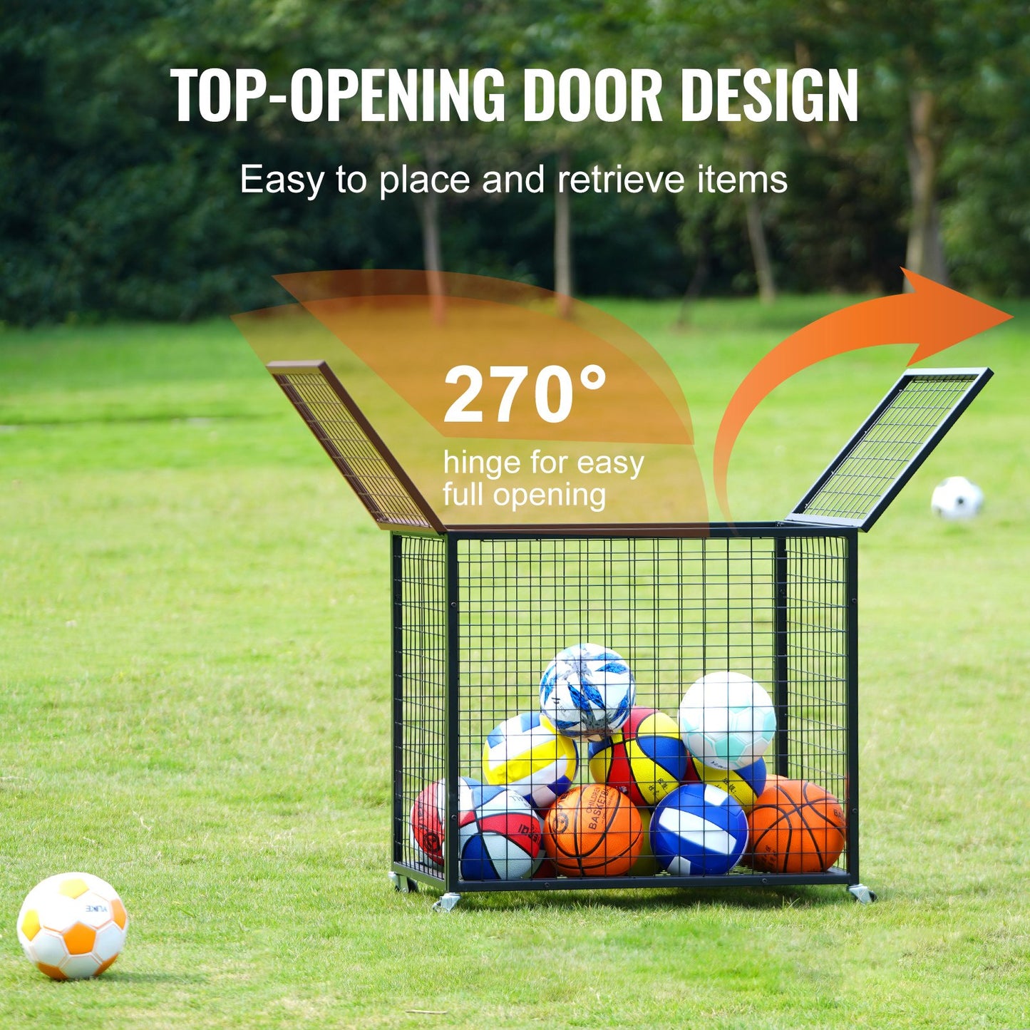 Rolling Sports Ball Storage Cart, Basketball Cage with Double Lids, Sport Equipment Holder Organizer for Indoor Outdoor, Steel Storage Rack for Garages, Playgroup, Gym and Schools