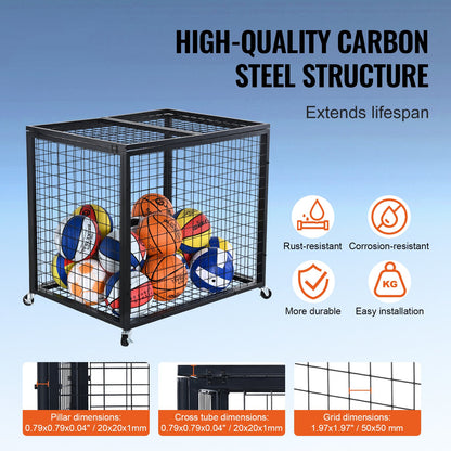 Rolling Sports Ball Storage Cart, Basketball Cage with Double Lids, Sport Equipment Holder Organizer for Indoor Outdoor, Steel Storage Rack for Garages, Playgroup, Gym and Schools