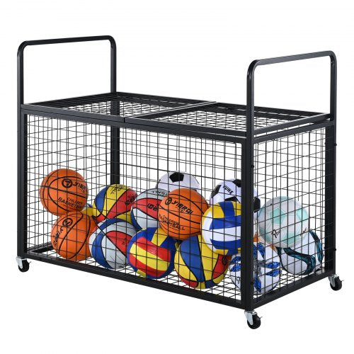 Rolling Sports Ball Storage Cart, Lockable Basketball Cage with Double Lids, Sport Equipment Holder Organizer for Indoor Outdoor, Steel Storage Rack for Garages, Playgroup, Gym and Schools