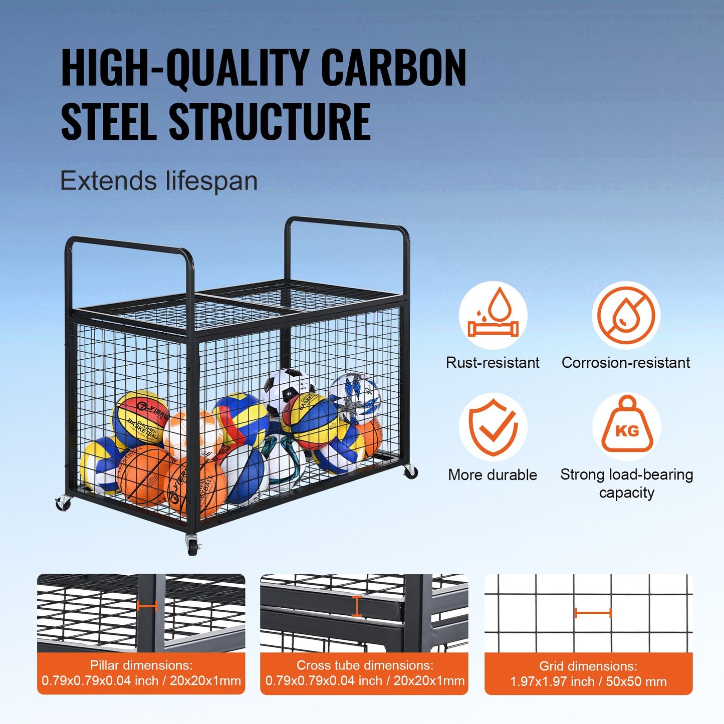 Rolling Sports Ball Storage Cart, Lockable Basketball Cage with Double Lids, Sport Equipment Holder Organizer for Indoor Outdoor, Steel Storage Rack for Garages, Playgroup, Gym and Schools