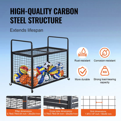 Rolling Sports Ball Storage Cart, Lockable Basketball Cage with Double Lids, Sport Equipment Holder Organizer for Indoor Outdoor, Steel Storage Rack for Garages, Playgroup, Gym and Schools