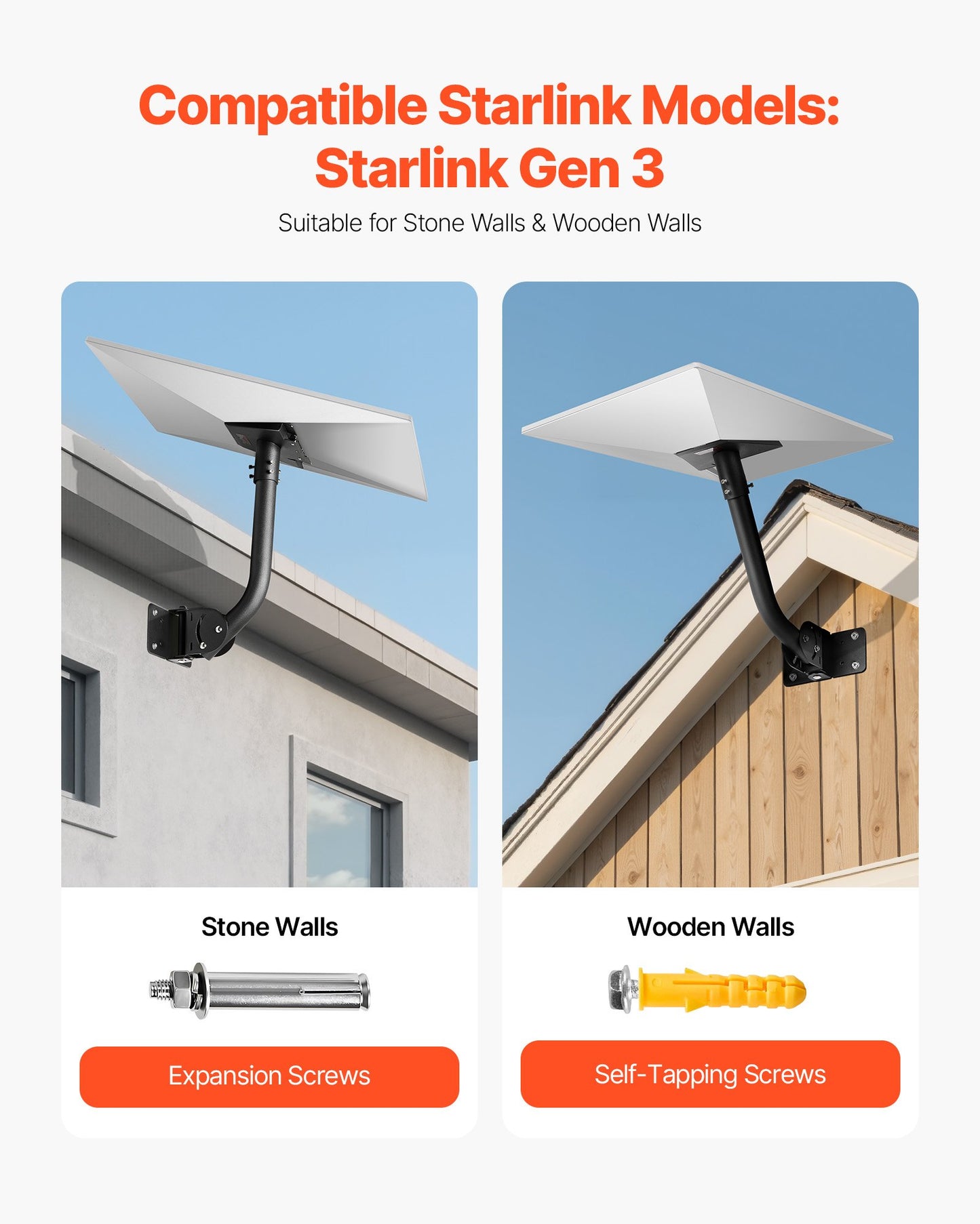 Starlink Gen 3 Mount, Adjustable Angle Wall Mounting Standard Gen 3 Pipe Kit, Heavy-Duty Steel Long Starlink Pole Adapter, Compatible with Gen3 and V3, Easy to Assembly, Black