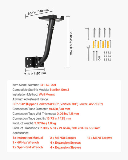 Starlink Gen 3 Mount, Adjustable Angle Wall Mounting Standard Gen 3 Pipe Kit, Heavy-Duty Steel Long Starlink Pole Adapter, Compatible with Gen3 and V3, Easy to Assembly, Black