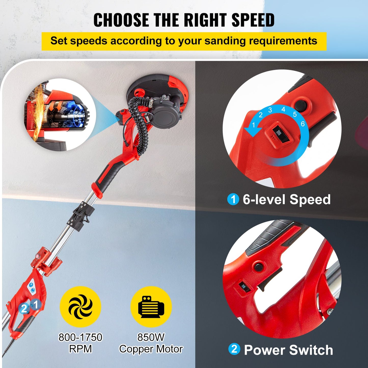 Electric Drywall Sander 750W Drywall Sander Foldable Sheetrock Sander with Telescope Handle Electric Sander Variable Speed 800-1750RPM Wall Sander with LED Lights and Vacuum Bag, 6 Sand Pads