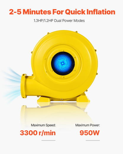 Inflatable Blower, 870W&950W, 1.3 HP Bounce House Blower, Pump Commercial Air Blower for Inflatables, 3300RPM Bouncy Castle Electric Air Blower Fan Perfect for Bounce House, Waterslides, Yellow
