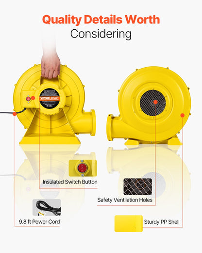 Inflatable Blower, 870W&950W, 1.3 HP Bounce House Blower, Pump Commercial Air Blower for Inflatables, 3300RPM Bouncy Castle Electric Air Blower Fan Perfect for Bounce House, Waterslides, Yellow