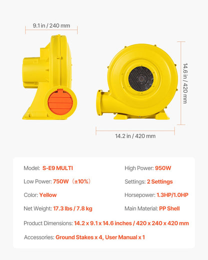 Inflatable Blower, 870W&950W, 1.3 HP Bounce House Blower, Pump Commercial Air Blower for Inflatables, 3300RPM Bouncy Castle Electric Air Blower Fan Perfect for Bounce House, Waterslides, Yellow