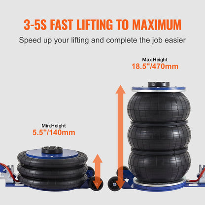 Luftdomkraft, 5 ton/11000 lbs trippelkuddsdomkraft, krockkuddedomkraft med sex stålrör, lyft upp till 18,5 tum/470 mm, 3-5 s snabblyftande pneumatisk domkraft, med justerbart handtag för bil, garage, reparation