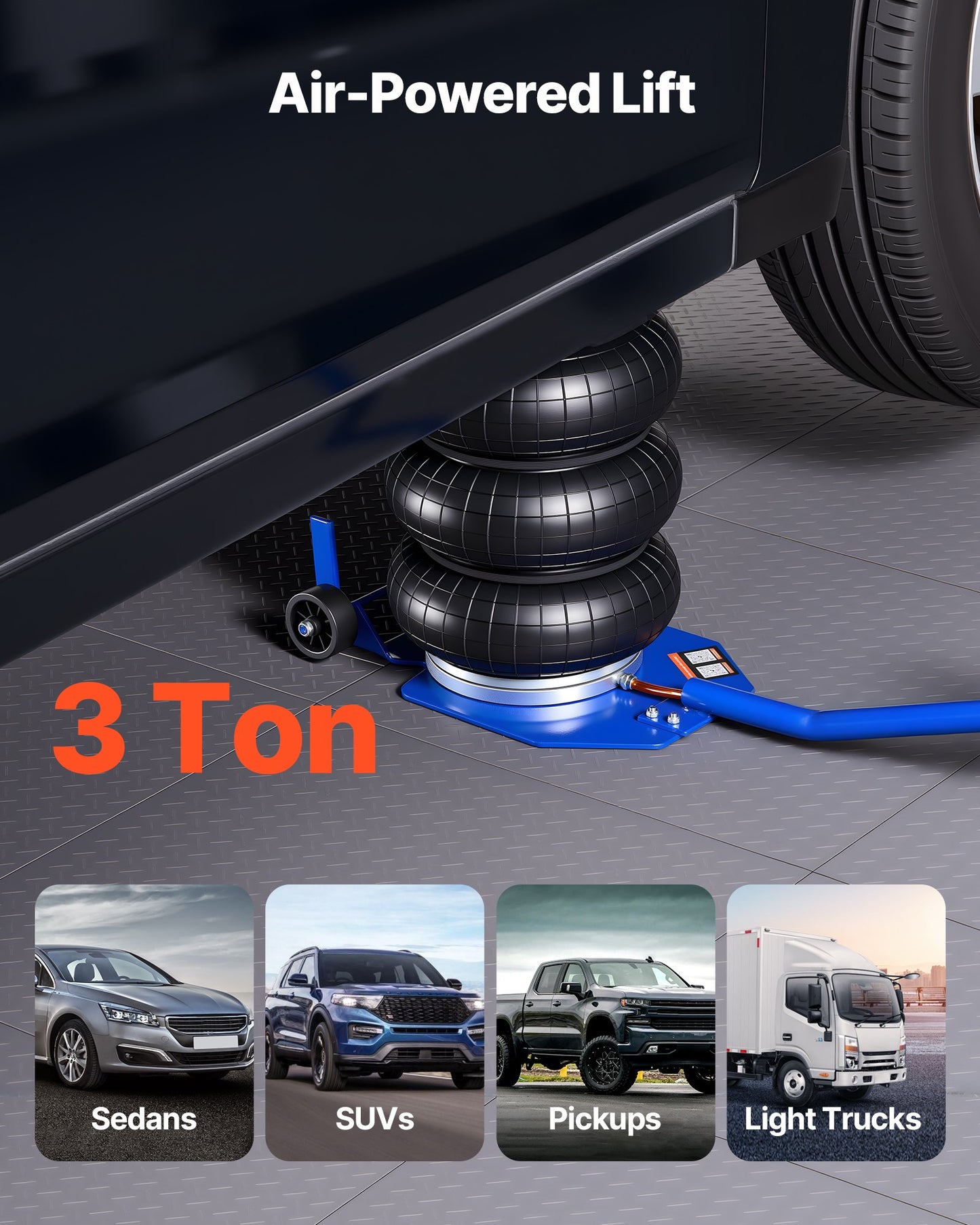 Air Jack, 3 Ton Triple Bag Air Jack, Airbag with Six Steel Pipes, Lift Up to 450 mm, 1-6 s Fast Lifting Pneumatic with Long Handle & Rubber Pad for Cars, SUVs, Pickup Trucks Repair, Garages