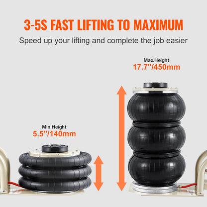 Air Jack, 3 Ton/6600 lbs Triple Bag Air Jack, Airbag Jack with Six Steel Pipes, Lift up to 17.7 inch/450 mm, 3-5 s Fast Lifting Pneumatic Jack, with Side Handles for Car, Garage, Repair (White)