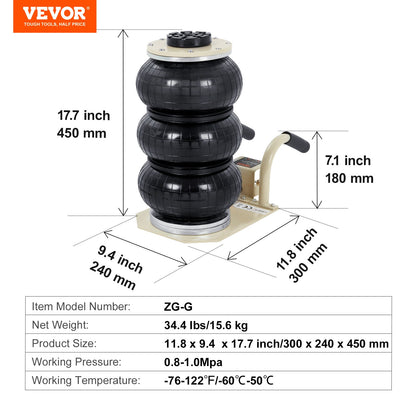 Air Jack, 3 Ton/6600 lbs Triple Bag Air Jack, Airbag Jack with Six Steel Pipes, Lift up to 17.7 inch/450 mm, 3-5 s Fast Lifting Pneumatic Jack, with Side Handles for Car, Garage, Repair (White)