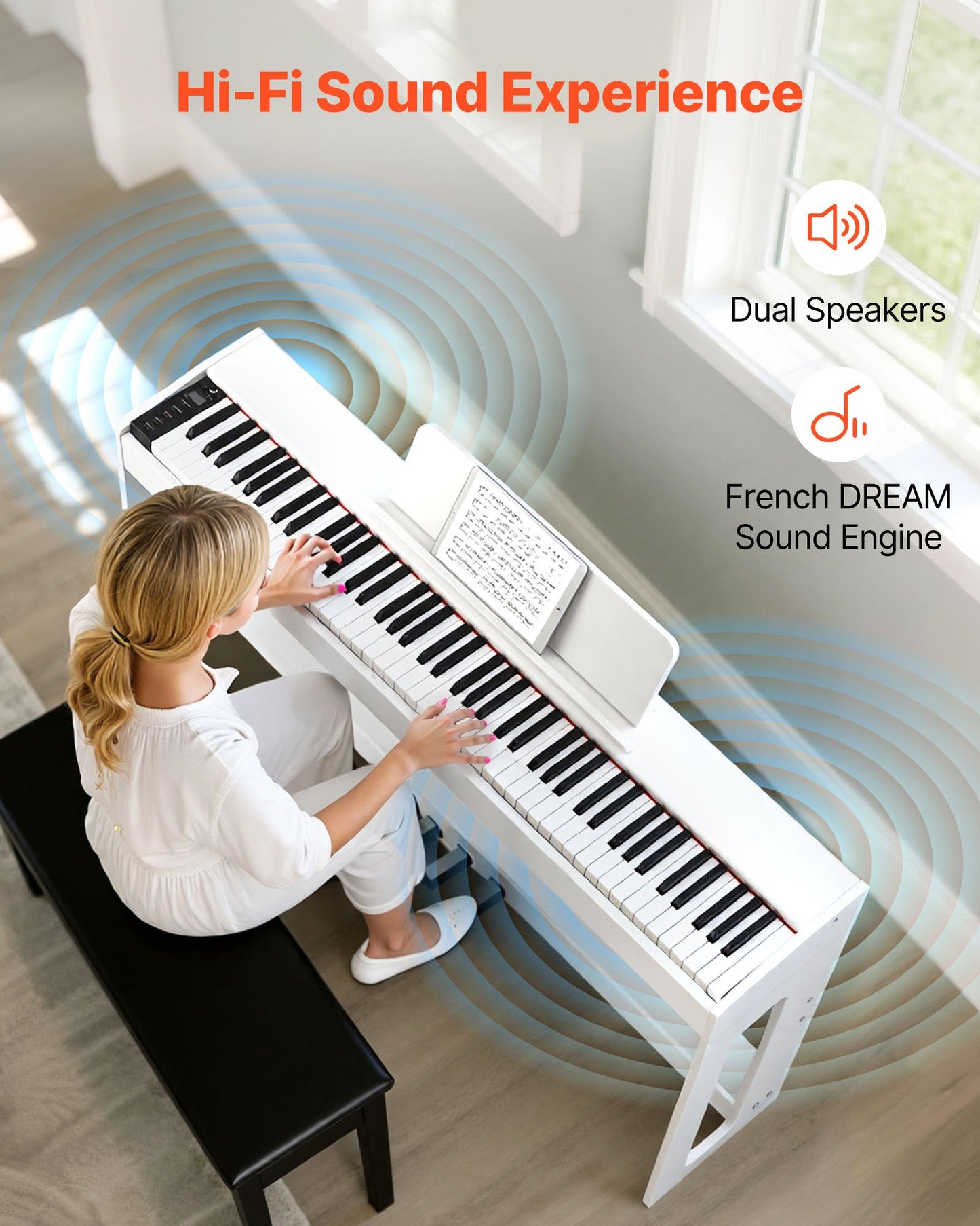 Weighted Digital Piano, 88 Keys Fully Weighted, Electric Piano Keyboard with Furniture Stand, Power Adapter, Triple Pedal, Record Function, 280 Tones, Wireless Connection, for Beginners, White