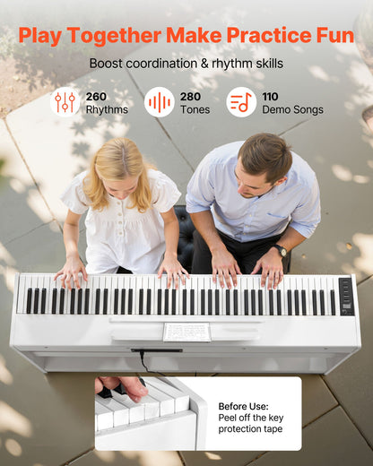 Weighted Digital Piano, 88 Keys Fully Weighted, Electric Piano Keyboard with Furniture Stand, Power Adapter, Triple Pedal, Record Function, 280 Tones, Wireless Connection, for Beginners, White