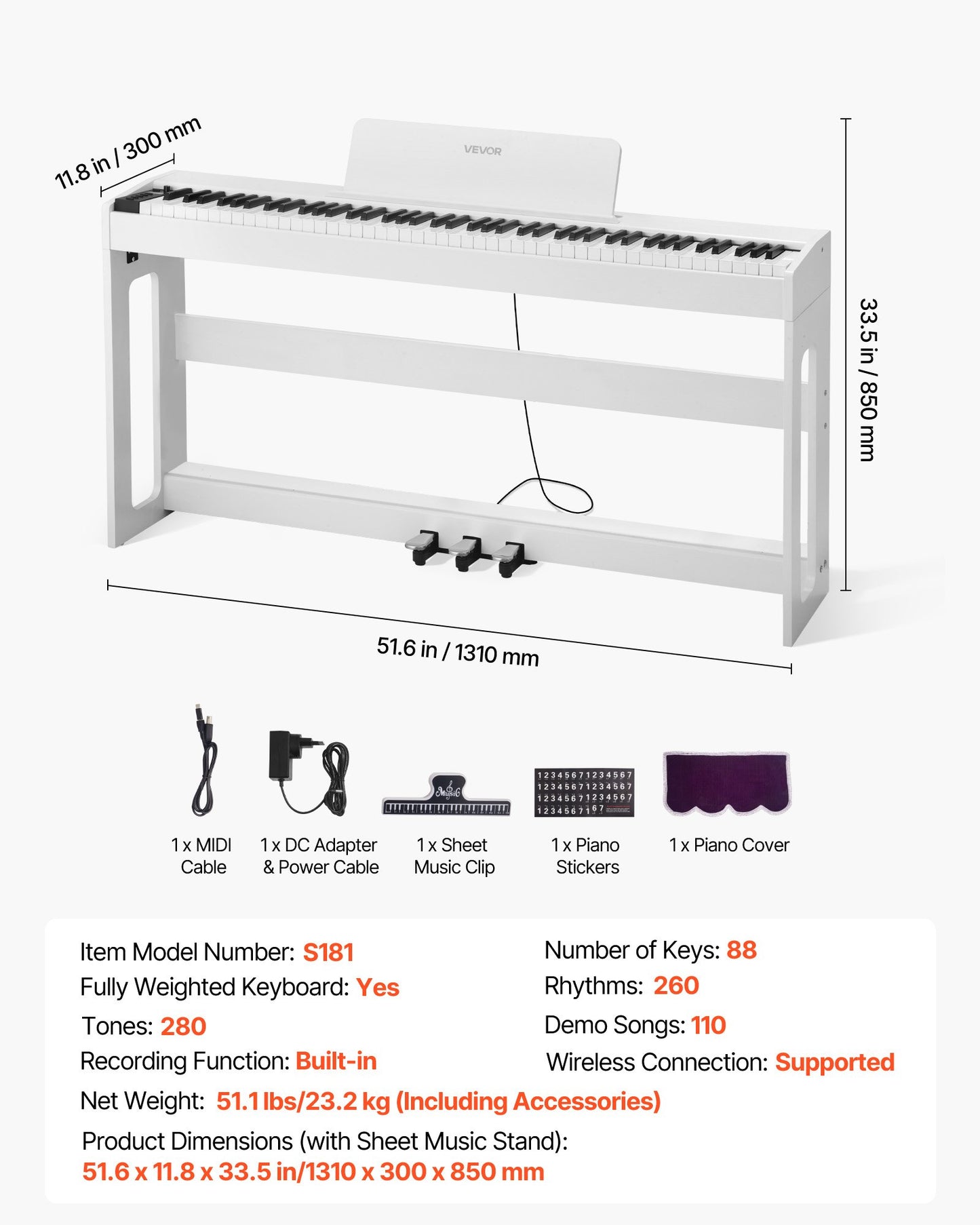 Weighted Digital Piano, 88 Keys Fully Weighted, Electric Piano Keyboard with Furniture Stand, Power Adapter, Triple Pedal, Record Function, 280 Tones, Wireless Connection, for Beginners, White