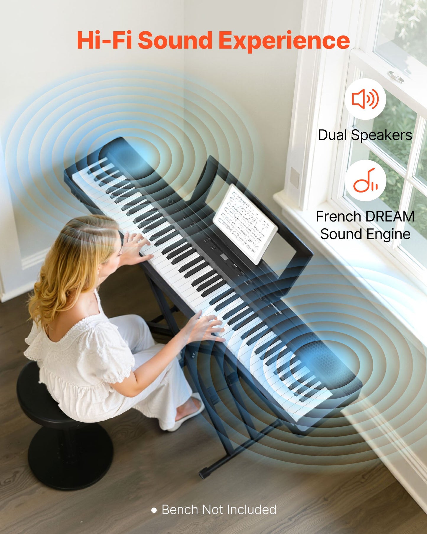 Viktat digitalpiano, 88 tangenter fullt viktade, elpiano med dubbla keyboards och högtalare med X-stativ, sustainpedal, inspelningsfunktion, 280 toner, trådlös anslutning, för nybörjare, svart