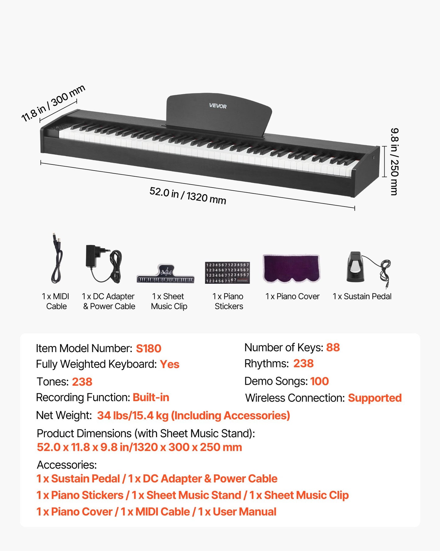 Viktat digitalpiano, 88 tangenter fullt viktade, elpiano, dubbla keyboard och högtalare, med sustainpedal, inspelningsfunktion, 238 toner, trådlös anslutning, för nybörjare, utan stativ