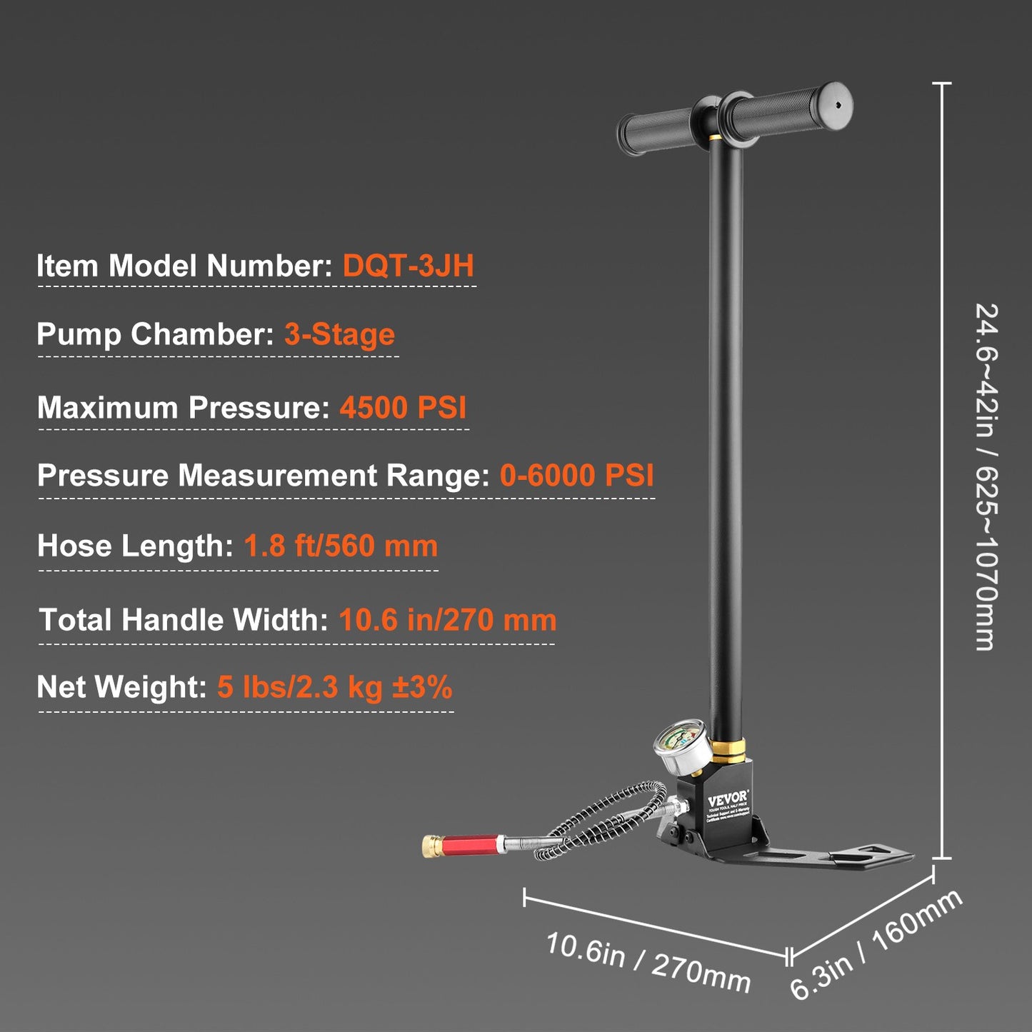 PCP handpump, 3-stegs, 30 MPa 4500 PSI högtryckspump för PCP-luftgevär med olje- och fuktfiltertrycksmätare, rostfritt stål för luftgevär, dykflaska, paintballfyllning, däck