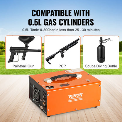 PCP Air Compressor, 4500PSI/30Mpa Portable PCP Airgun Compressor with External Converter, DC12V, AC230V | Oil & Water-Free | Manual-Stop Air Rifle, Paintball and Scuba Tank Compressor Pump