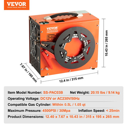 PCP-luftkompressor, 4500PSI/30Mpa bärbar PCP-luftgevärskompressor med inbyggd strömomvandlare, autostopp | DC12V/AC230V | Olje- och vattenfri kompressorpump för luftgevär, paintball och dykflaskor