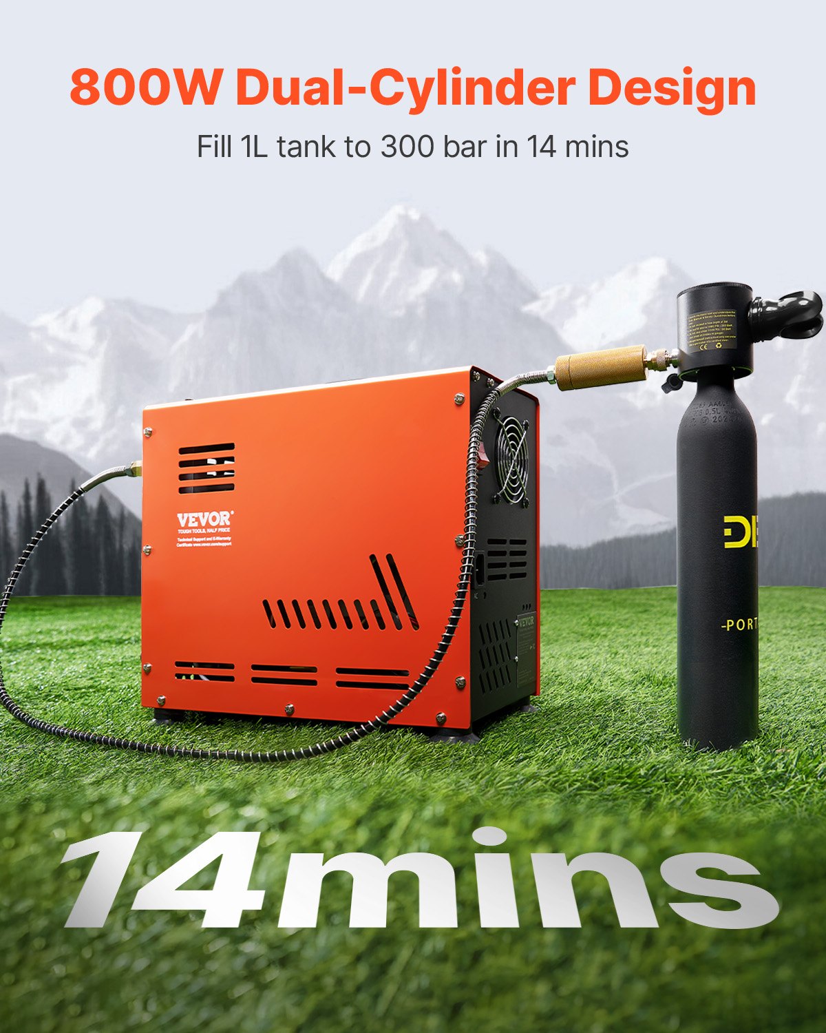 PCP Air Compressor, 800W Dual-Cylinder PCP Airgun Compressor 4500PSI/30Mpa with Built-in Fan Cooling System, Auto-Stop | Oil Free Paintball Tank Compressor for Air Rifle, Scuba Diving Bottle