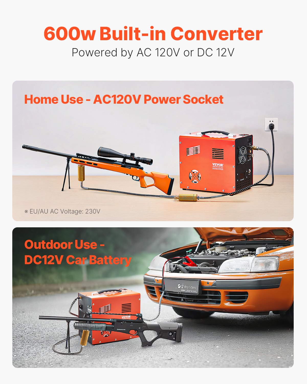 PCP Air Compressor, 4500PSI/30Mpa Portable PCP Airgun Compressor with Built-in Converter & Fan Cooling System, DC12V/AC230V Manual-Stop Air Rifle, Paintball and Scuba Tank Compressor Pump