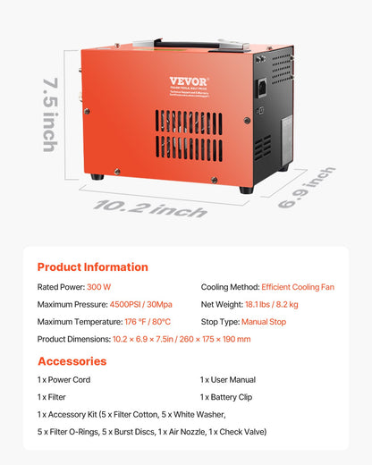 PCP Air Compressor, 4500PSI/30Mpa Portable PCP Airgun Compressor with Built-in Converter & Fan Cooling System, DC12V/AC230V Manual-Stop Air Rifle, Paintball and Scuba Tank Compressor Pump