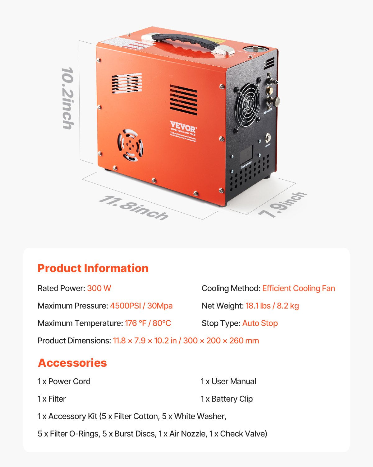 PCP Air Compressor, 4500PSI/30Mpa PCP Airgun Compressor with Built-in Converter & Fan Cooling System, Auto Stop DC12V/AC230V Portable Paintball Tank Compressor for Air Rifle, Scuba Diving Bottle