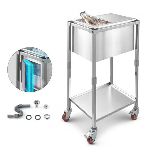 Rolling Ice Chest Cooler Cart, 20"L x 14"W x 38"H (510 x 360 x 970 mm) Stainless Steel Cooling Bin on Wheels, 28L Outdoor Stand Up Cooler Trolley with Shelf, for Patio Backyard Party Bar