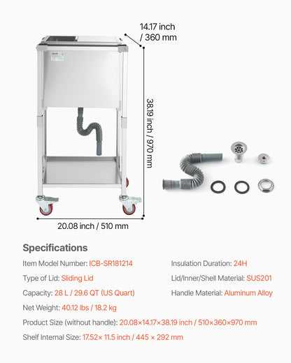 Rolling Ice Chest Cooler Cart, 20"L x 14"W x 38"H (510 x 360 x 970 mm) Stainless Steel Cooling Bin on Wheels, 28L Outdoor Stand Up Cooler Trolley with Shelf, for Patio Backyard Party Bar