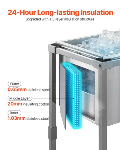 Rullande kylboxvagn, 553 x 405 x 970 mm, kylbox i rostfritt stål på hjul, 31 liters stående kylvagn för utomhusbruk med hyllplan, för uteplats, bakgård, festbar