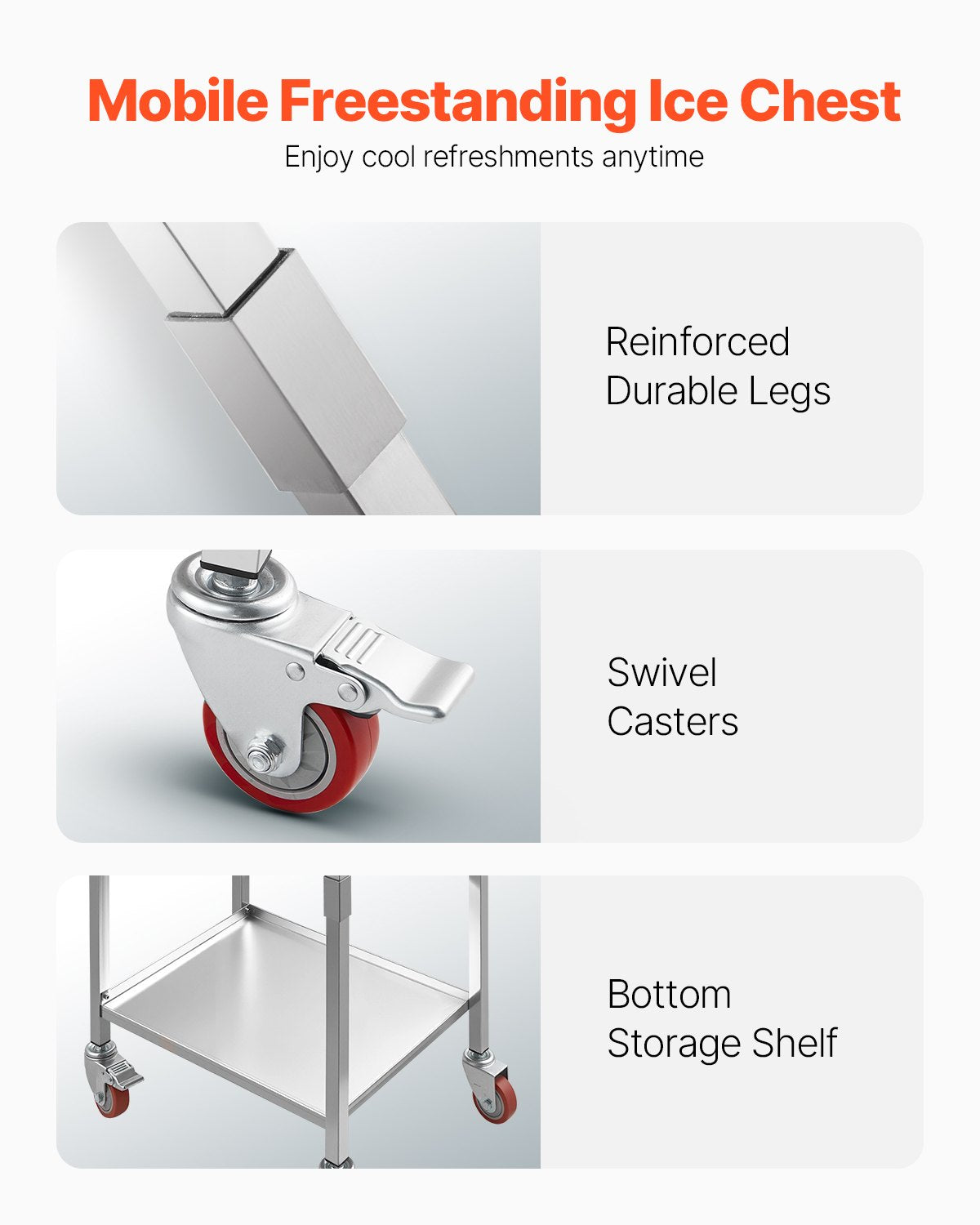 Rullande kylboxvagn, 553 x 405 x 970 mm, kylbox i rostfritt stål på hjul, 31 liters stående kylvagn för utomhusbruk med hyllplan, för uteplats, bakgård, festbar